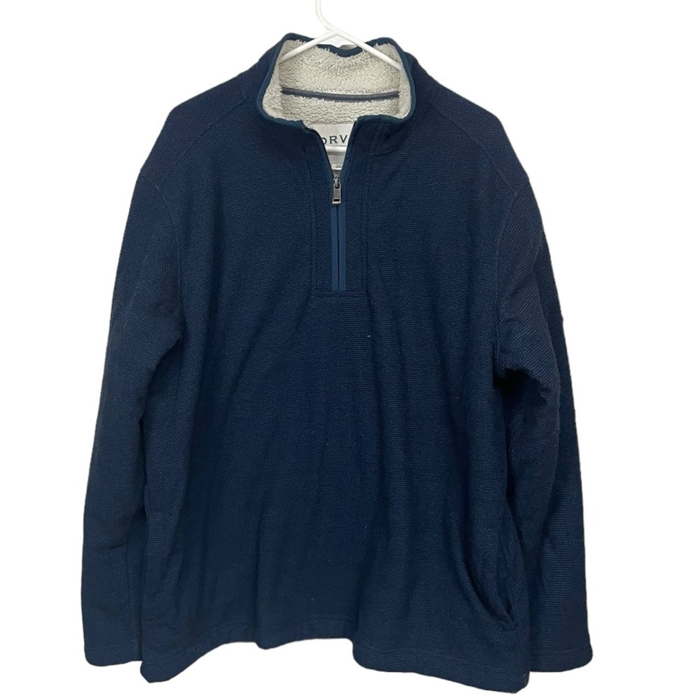 Orvis Faux Shearling Lined 1/4 Zip Navy Pullover Sweater XL